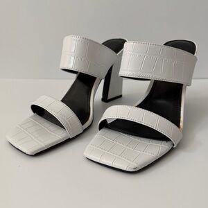 Nine West Croc-Embossed Double Strap Mule Heels in White, Size 8